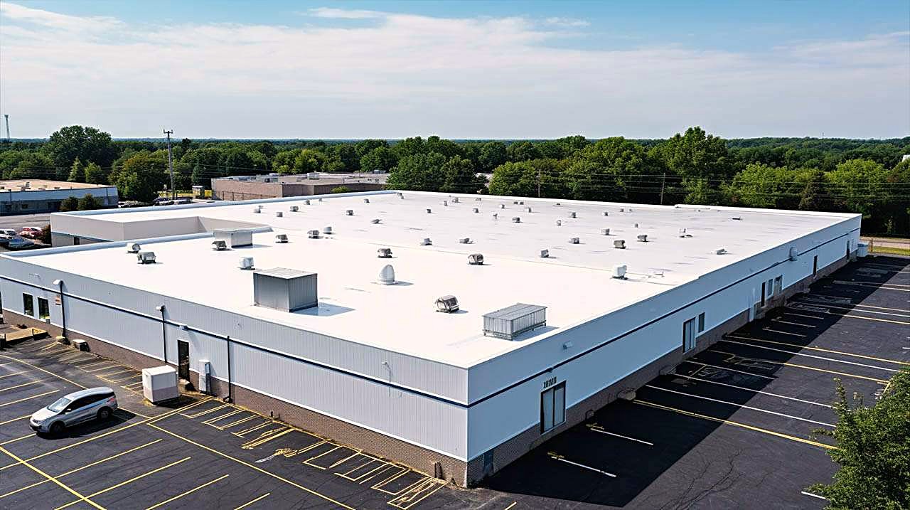 An aerial view of a large commercial building with a white membrane roof